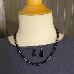 Classy black glass bead necklace and earrings set